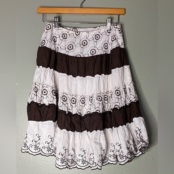 Joe Benbasset Brown/White Pull-On Eyelet Lace Hem Floral Lined Skirt Size Medium - Picture 1 of 8